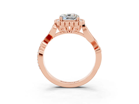Rose gold Cushion Cut Moissanite Halo Ring with Vintage Split Shank and Four-Prong Setting_3