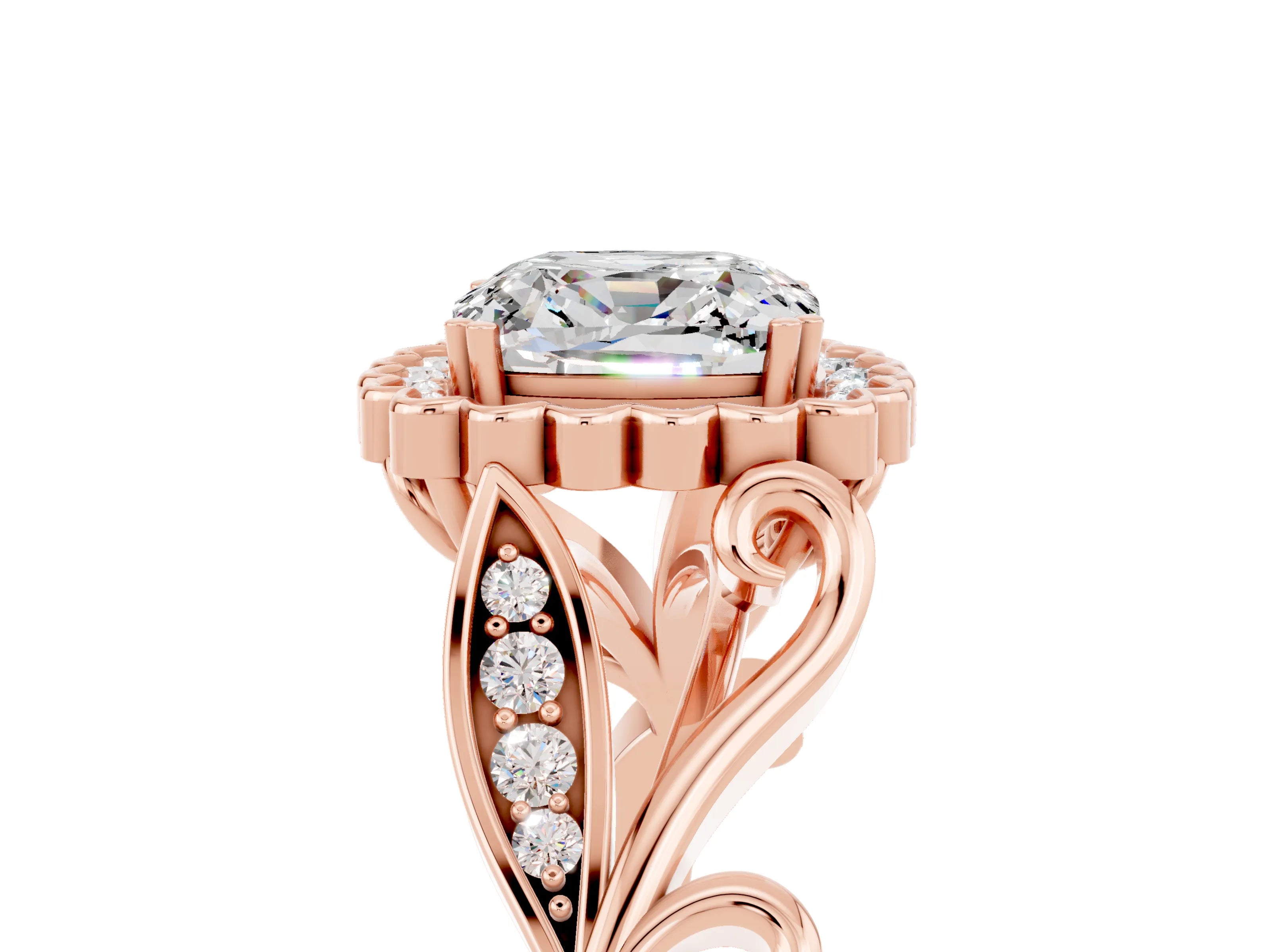 Rose gold Cushion Cut Moissanite Halo Ring with Vintage Split Shank and Four-Prong Setting_5