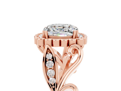 Rose gold Cushion Cut Moissanite Halo Ring with Vintage Split Shank and Four-Prong Setting_5