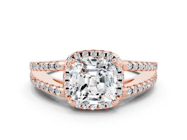 Rose gold Cushion Cut Moissanite Halo Split Shank Engagement Ring