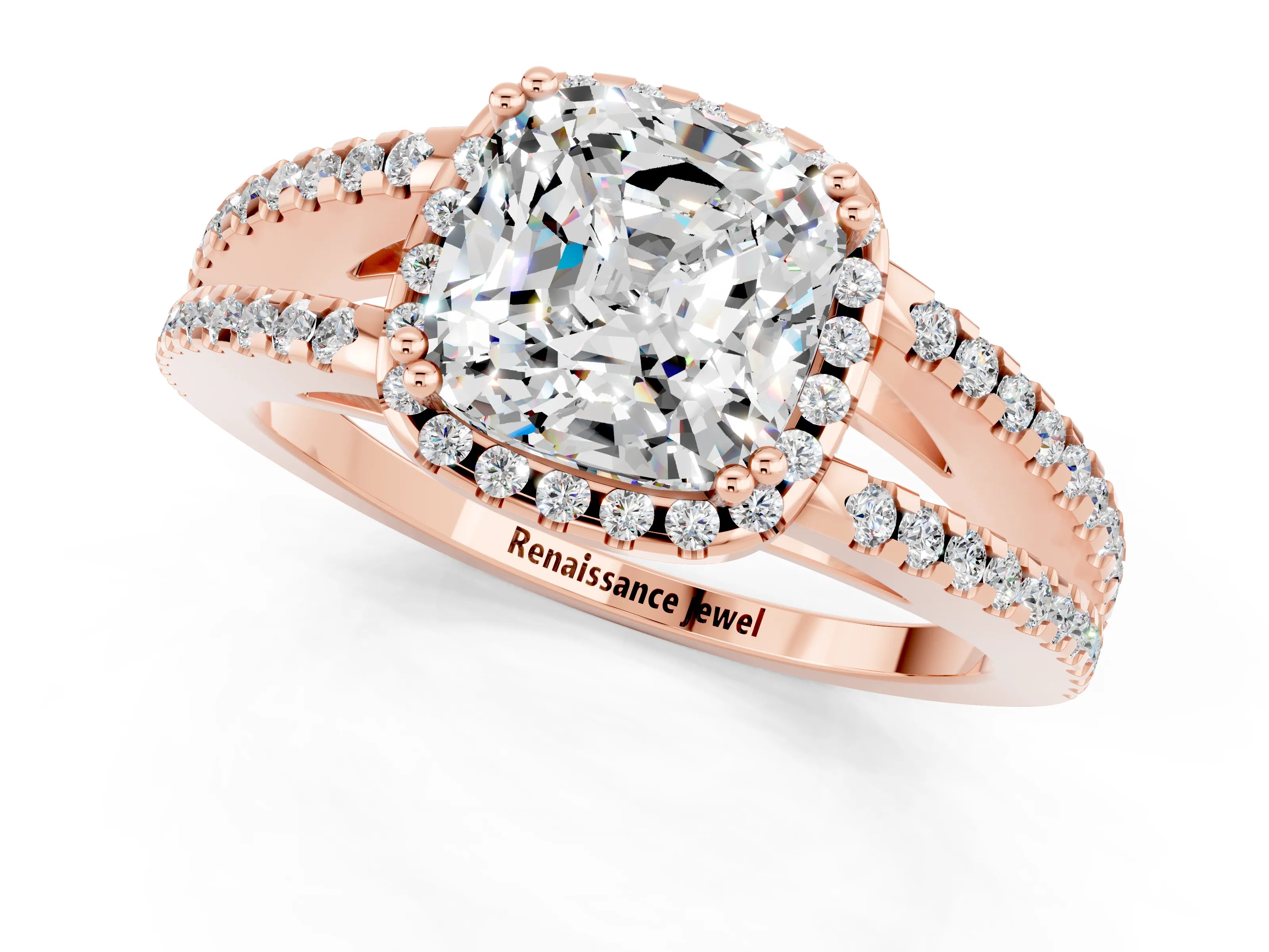 Rose gold Cushion Cut Moissanite Halo Split Shank Engagement Ring_13