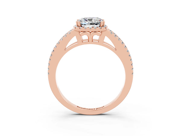 Rose gold Cushion Cut Moissanite Halo Split Shank Engagement Ring
