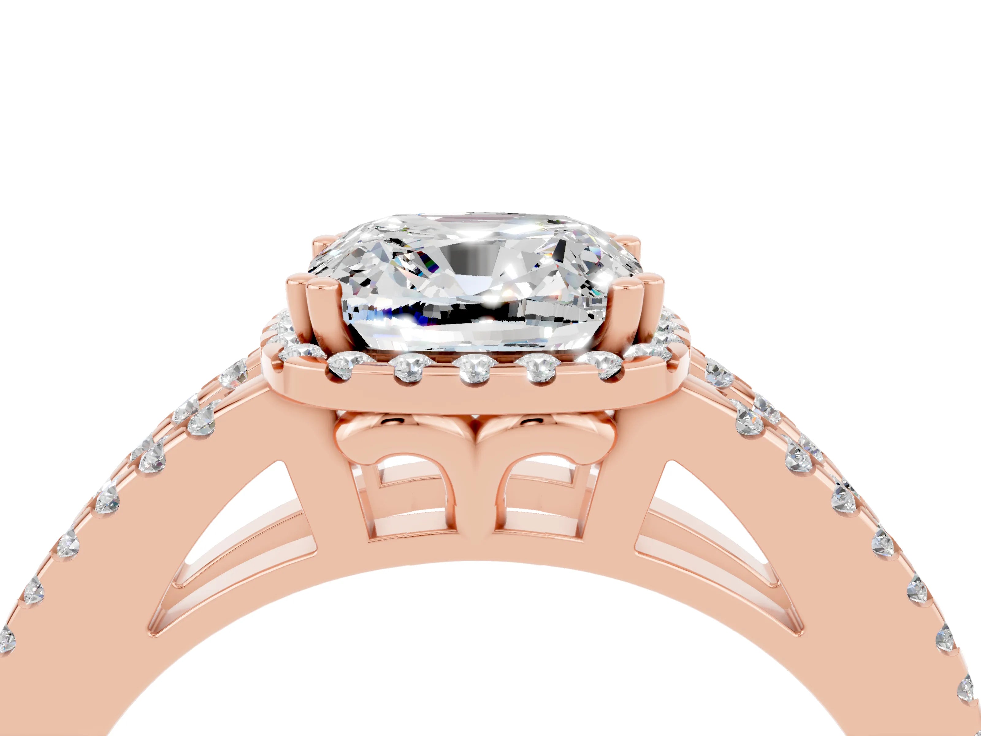 Rose gold Cushion Cut Moissanite Halo Split Shank Engagement Ring_16