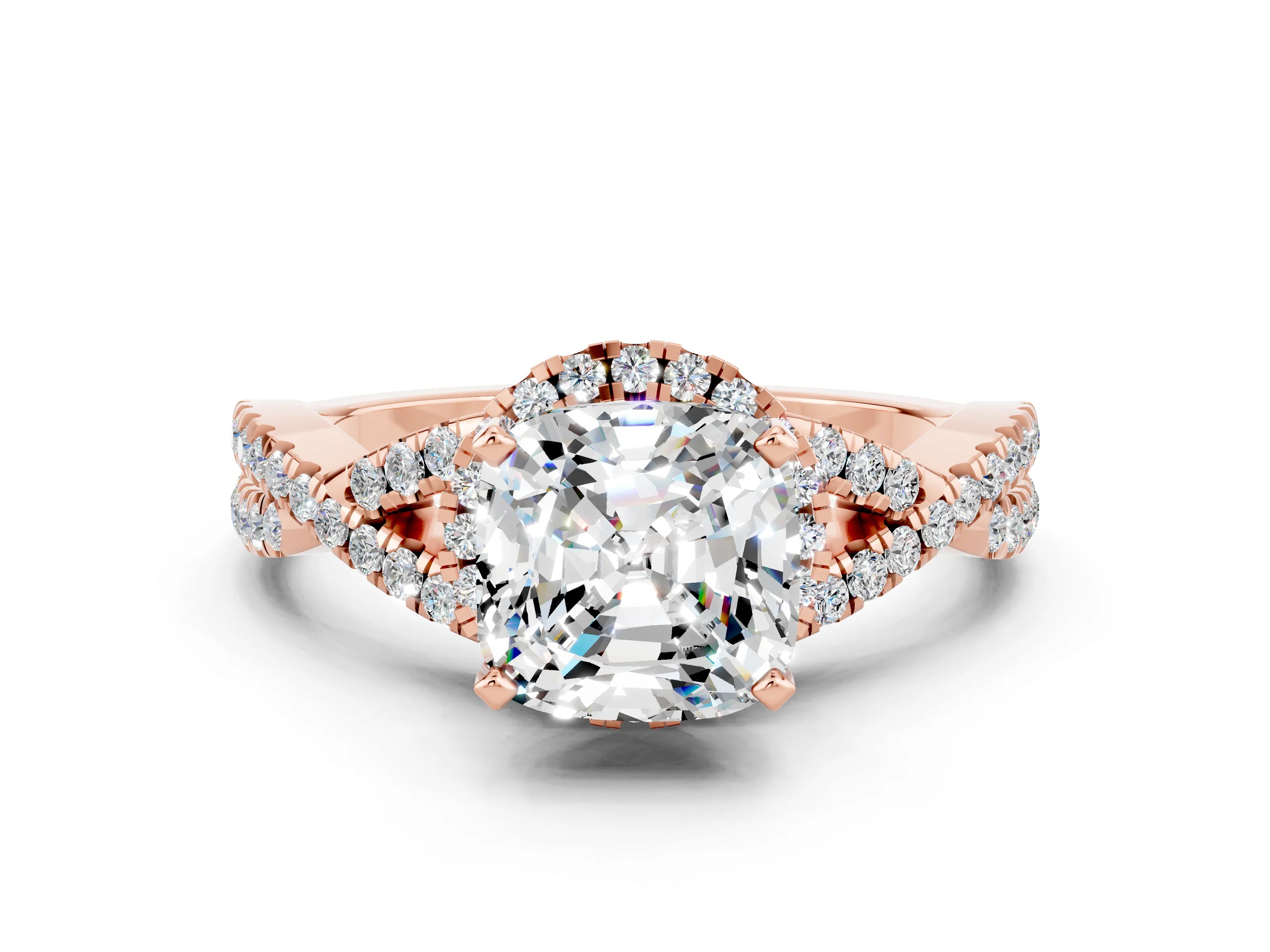Rose gold Cushion Cut Moissanite Halo Twist Band Solitaire Prong Setting Ring
