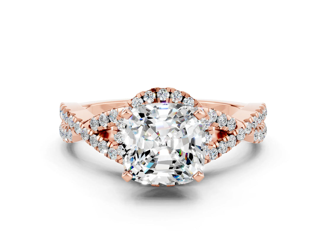 Rose gold Cushion Cut Moissanite Halo Twist Band Solitaire Prong Setting Ring