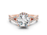 Rose gold Cushion Cut Moissanite Halo Twist Band Solitaire Prong Setting Ring