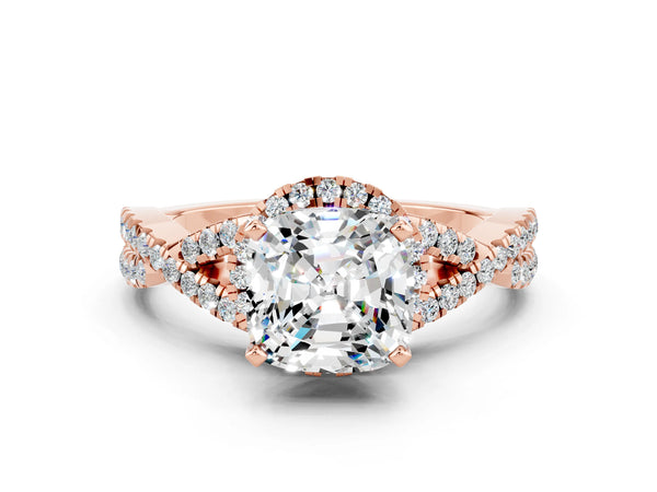 Rose gold Cushion Cut Moissanite  Halo Twist Band Solitaire Prong Setting Ring