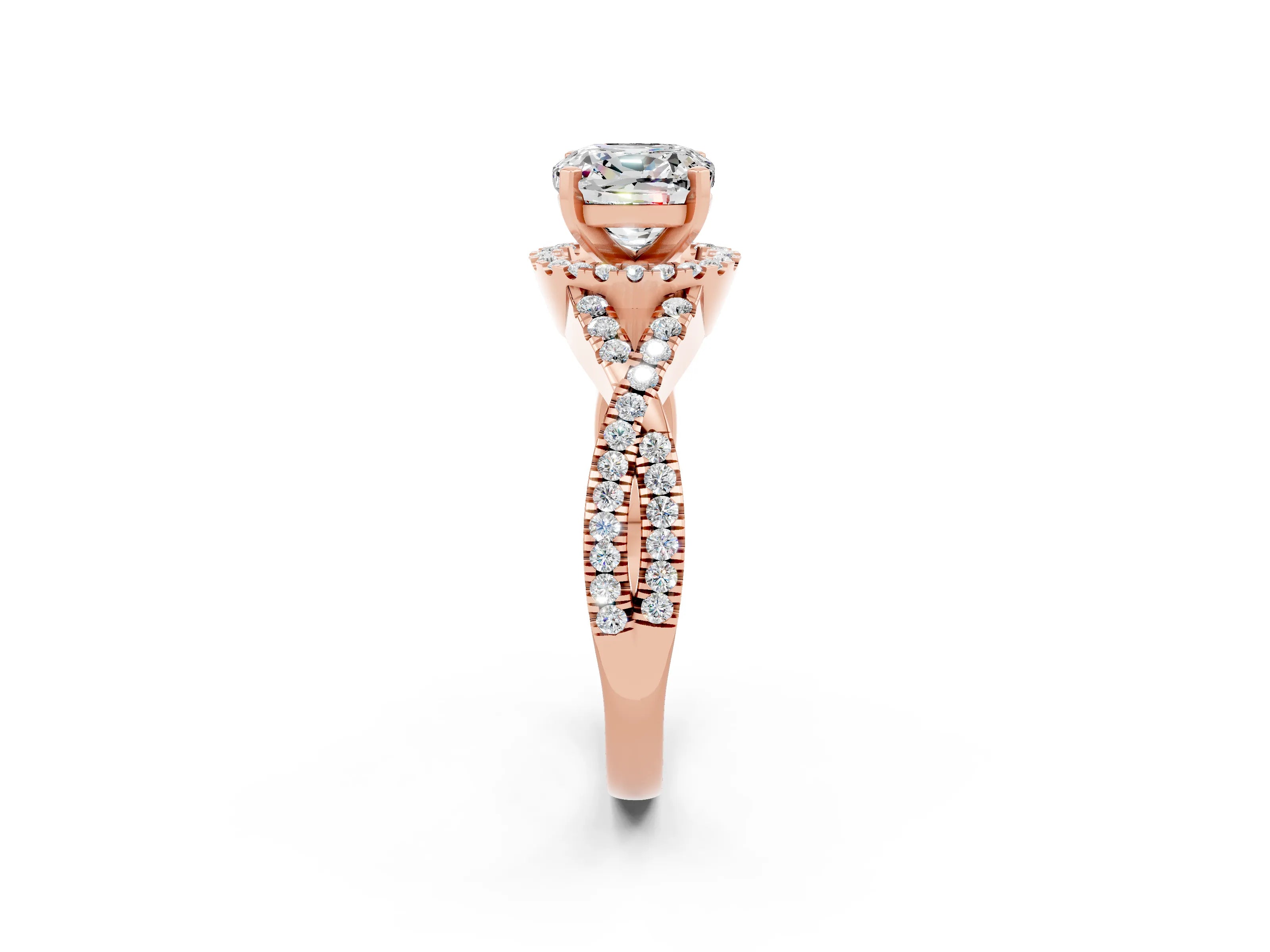 Rose gold Cushion Cut Moissanite Halo Twist Band Solitaire Prong Setting Ring_2