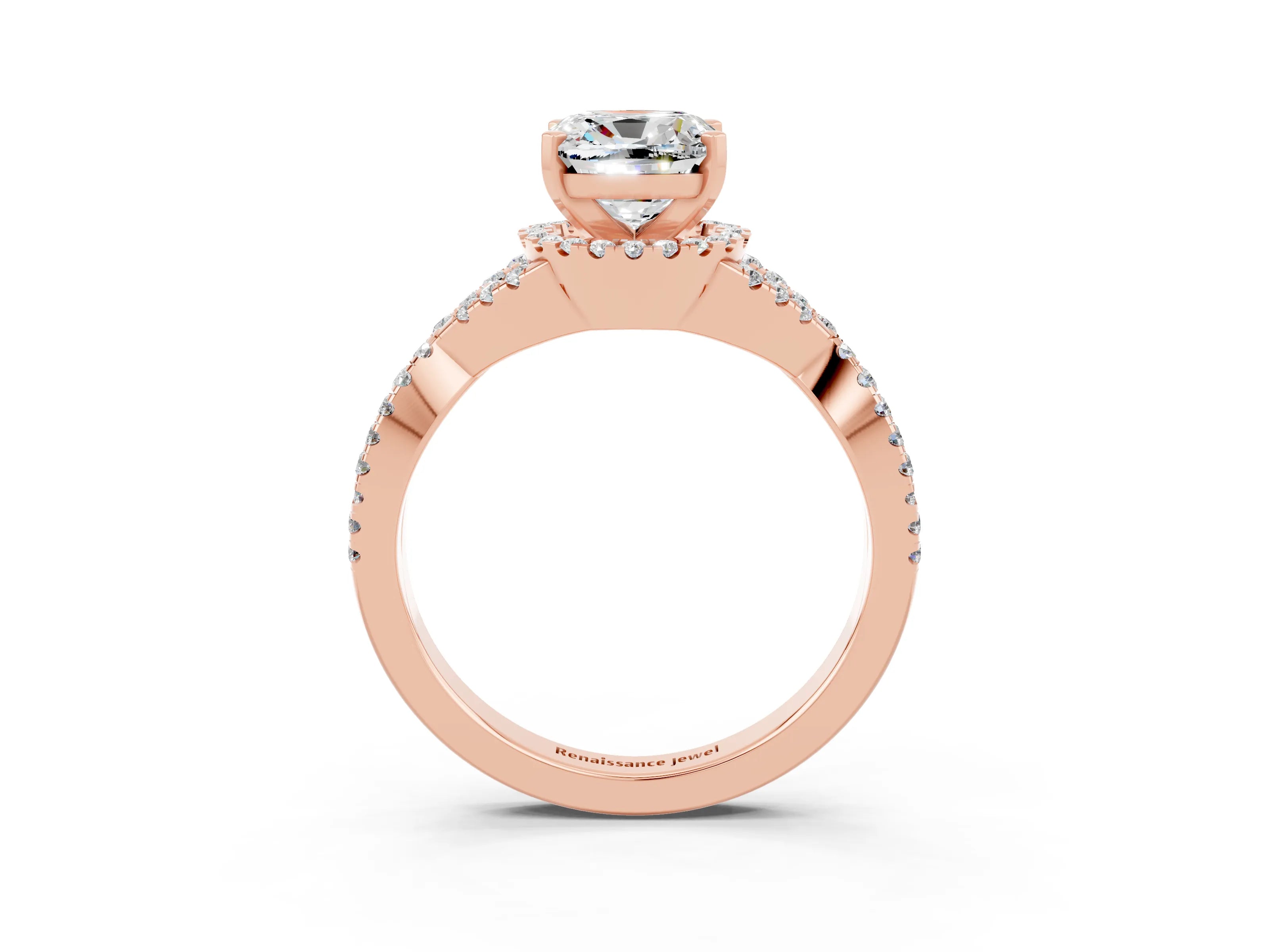 Rose gold Cushion Cut Moissanite Halo Twist Band Solitaire Prong Setting Ring_3