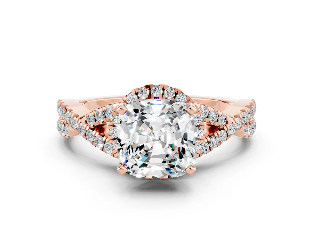 Rose gold Cushion Cut Moissanite  Halo Twist Band Solitaire Prong Setting Ring_42