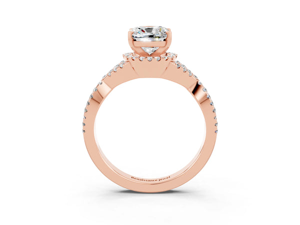 Rose gold Cushion Cut Moissanite  Halo Twist Band Solitaire Prong Setting Ring
