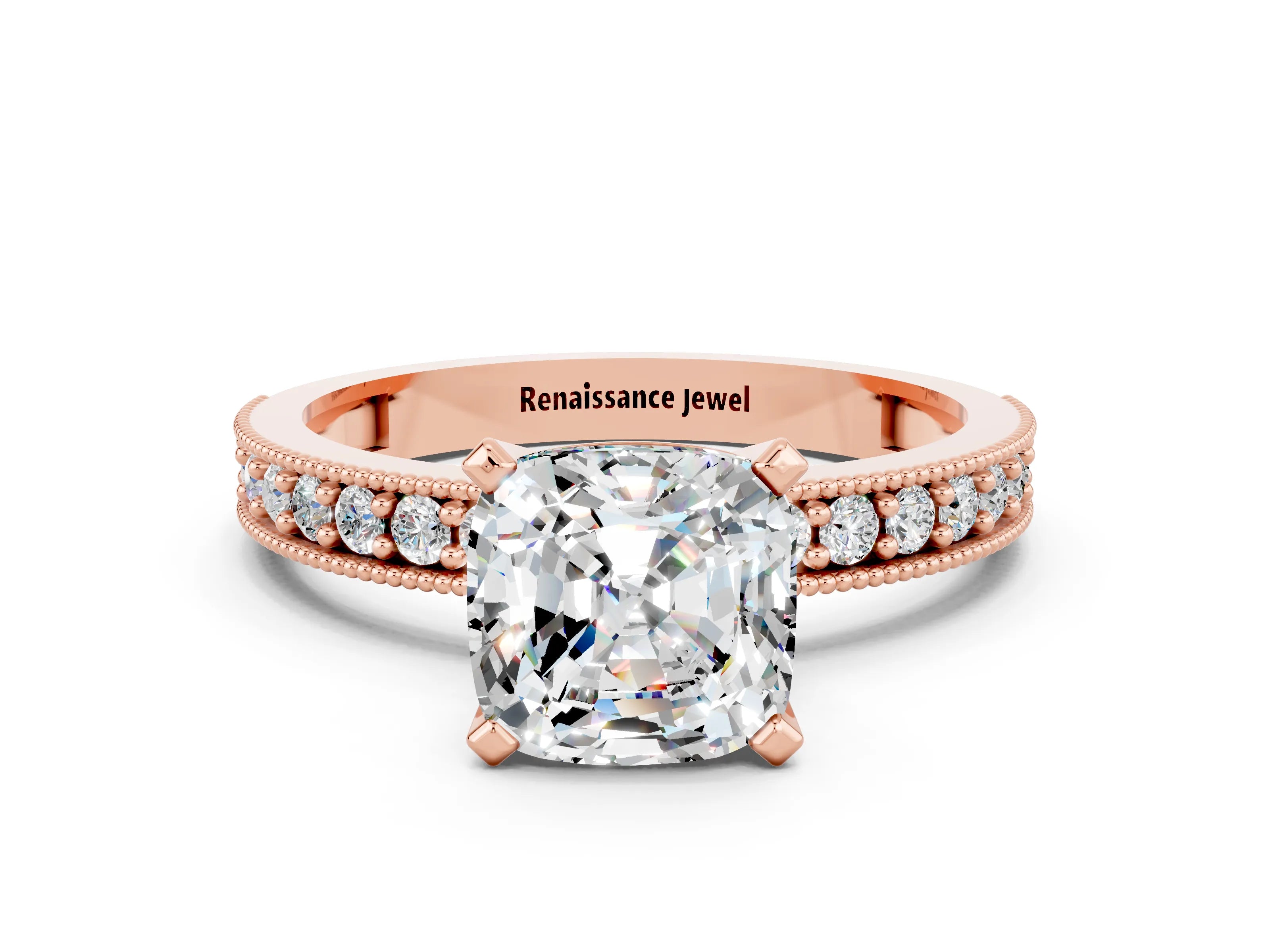 Rose gold Cushion Cut Moissanite Milgrain Pavé Engagement Ring with Four-Prong Setting_12