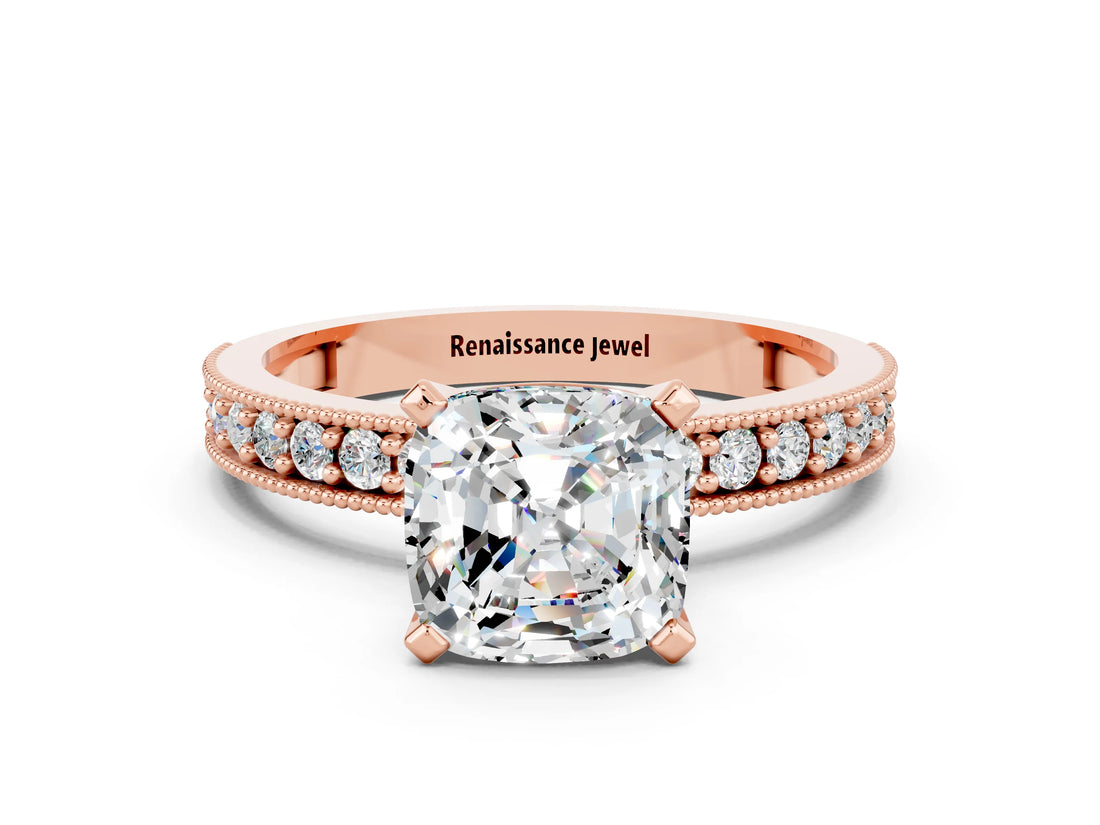 Rose gold Cushion Cut Moissanite Milgrain Pavé Engagement Ring with Four-Prong Setting_12