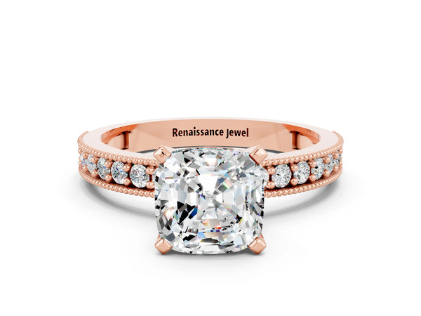 Rose gold Cushion Cut Moissanite Milgrain Pavé Engagement Ring with Four-Prong Setting