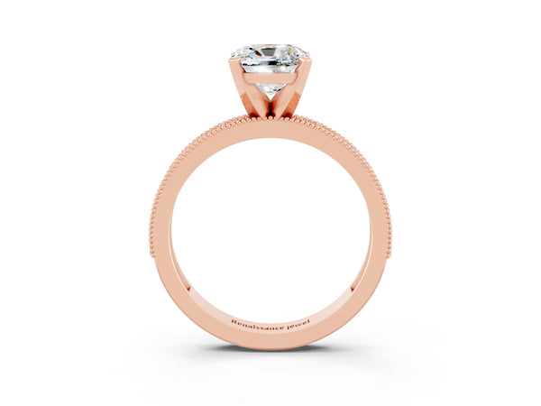 Rose gold Cushion Cut Moissanite Milgrain Pavé Engagement Ring with Four-Prong Setting