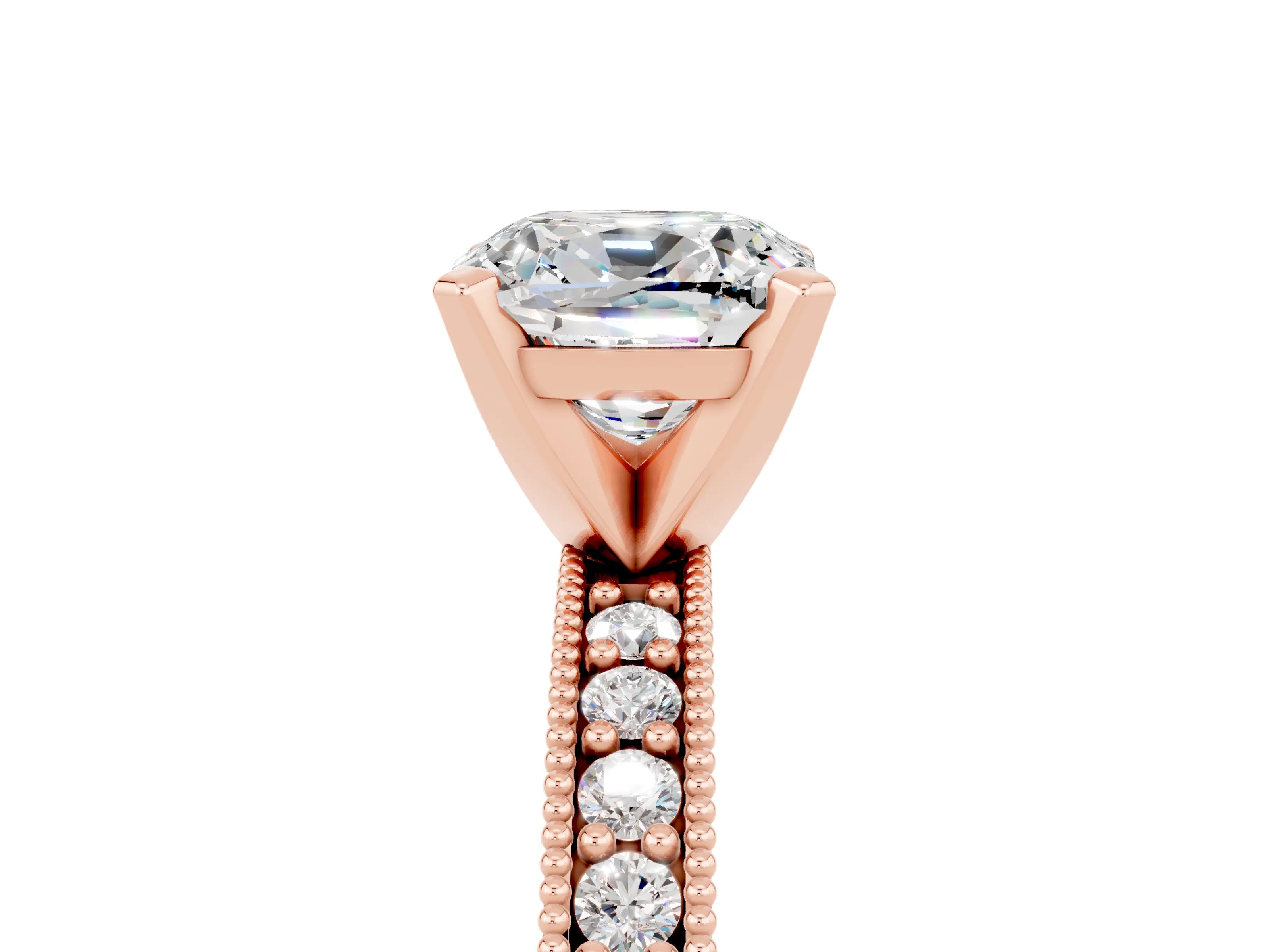 Rose gold Cushion Cut Moissanite Milgrain Pavé Engagement Ring with Four-Prong Setting_17