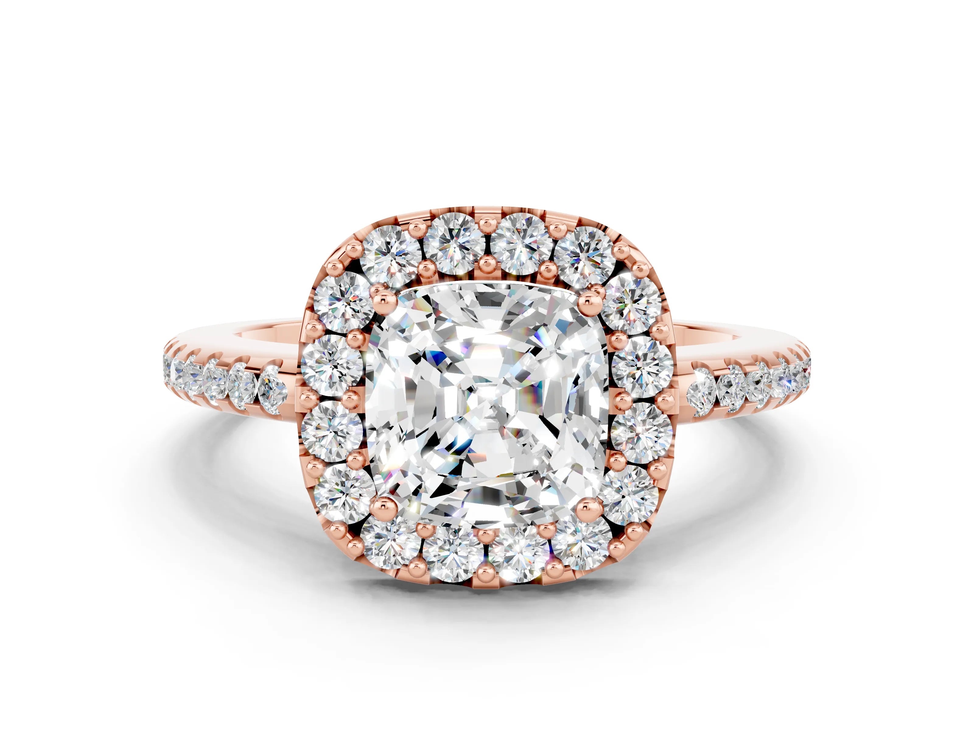 Rose gold Cushion Cut Moissanite Pavé Halo Ring with Four-Prong Setting_12