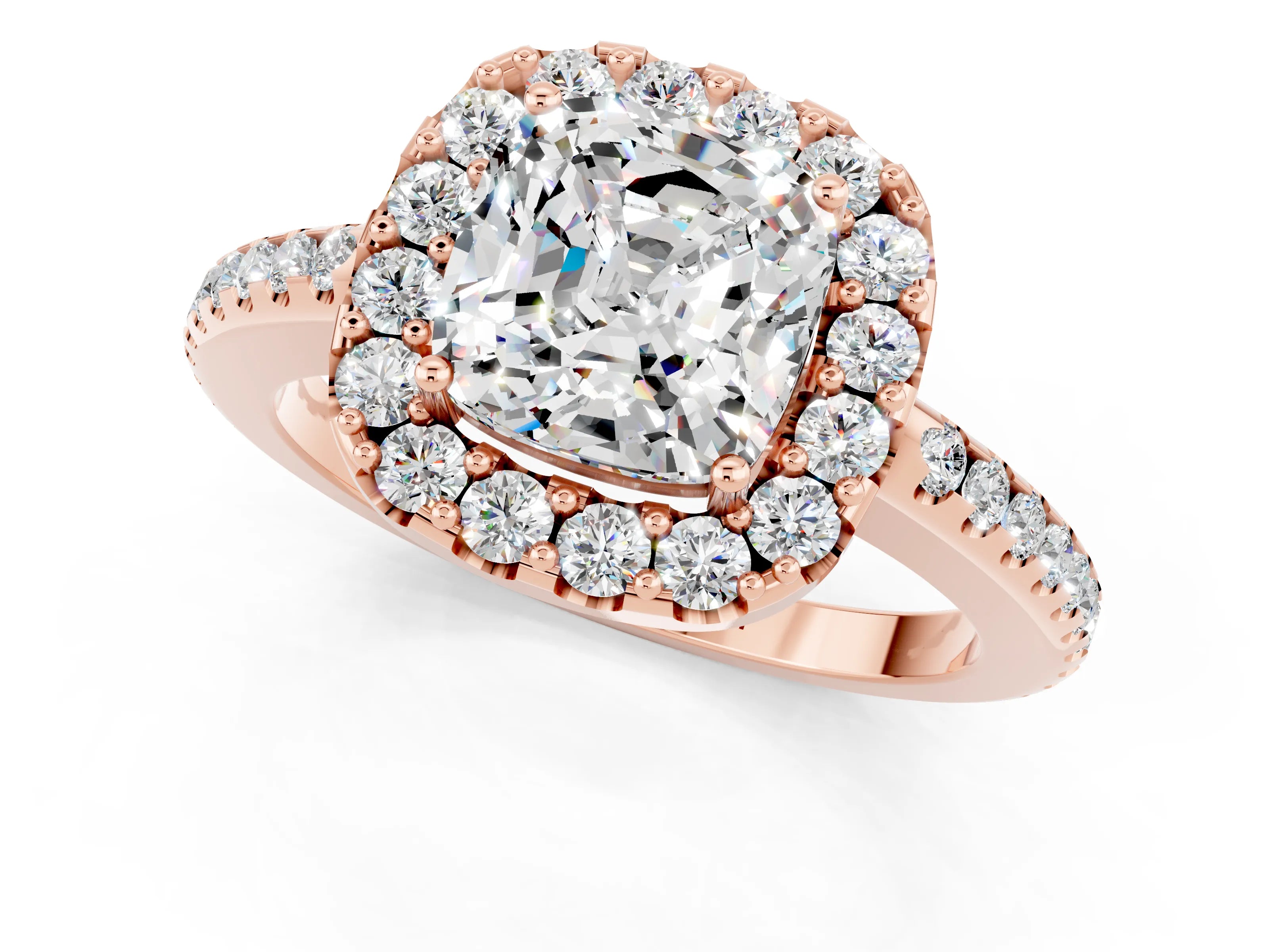 Rose gold Cushion Cut Moissanite Pavé Halo Ring with Four-Prong Setting_13