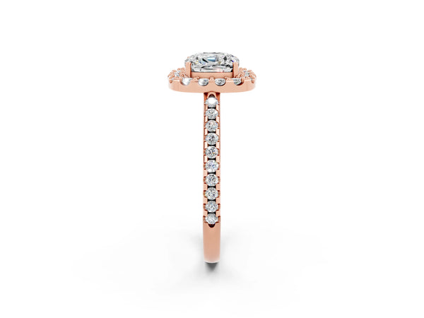 Rose gold Cushion Cut Moissanite Pavé Halo Ring with Four-Prong Setting