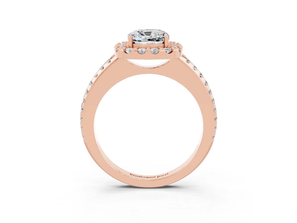 Rose gold Cushion Cut Moissanite Pavé Halo Ring with Four-Prong Setting