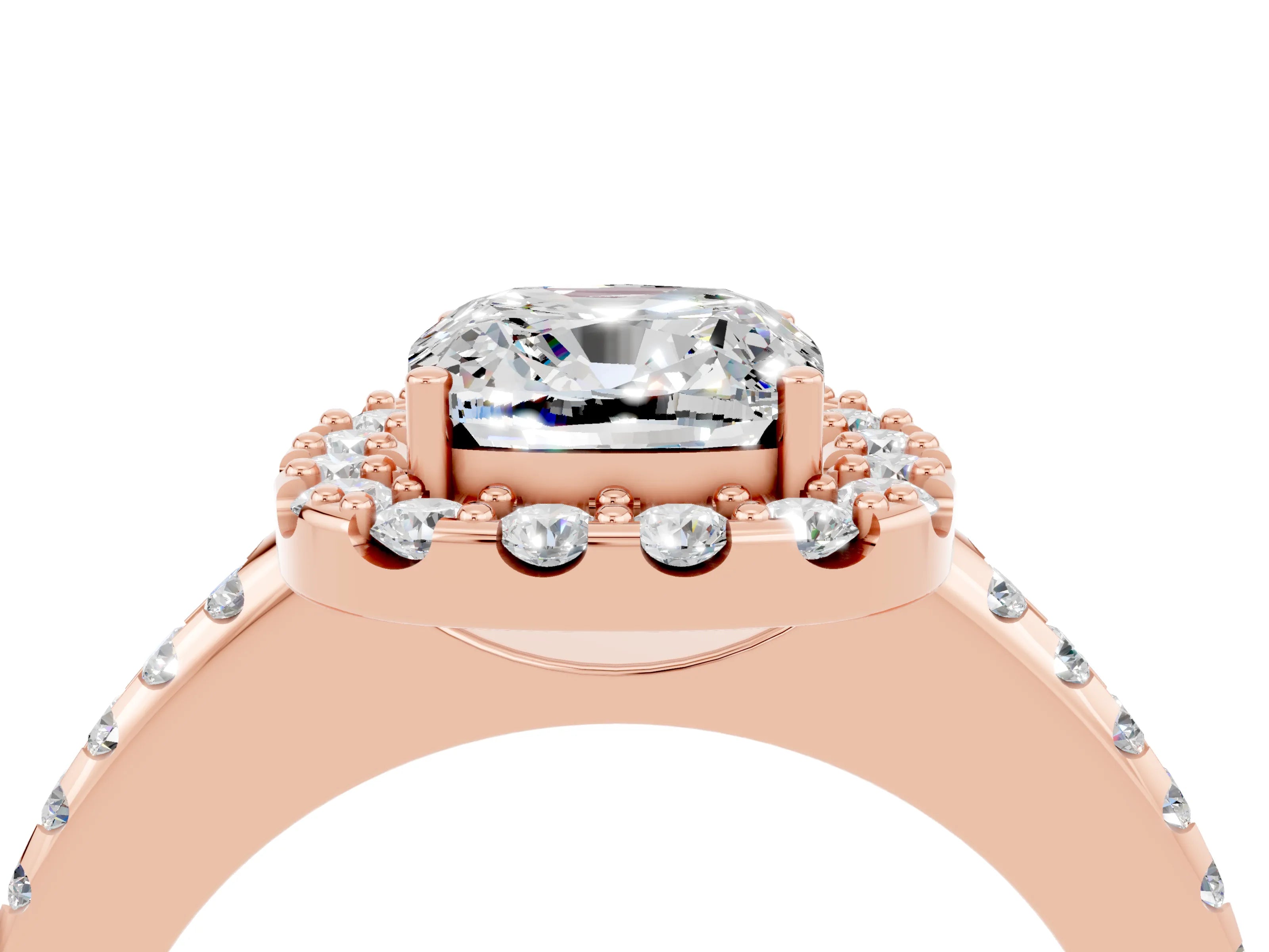 Rose gold Cushion Cut Moissanite Pavé Halo Ring with Four-Prong Setting_16