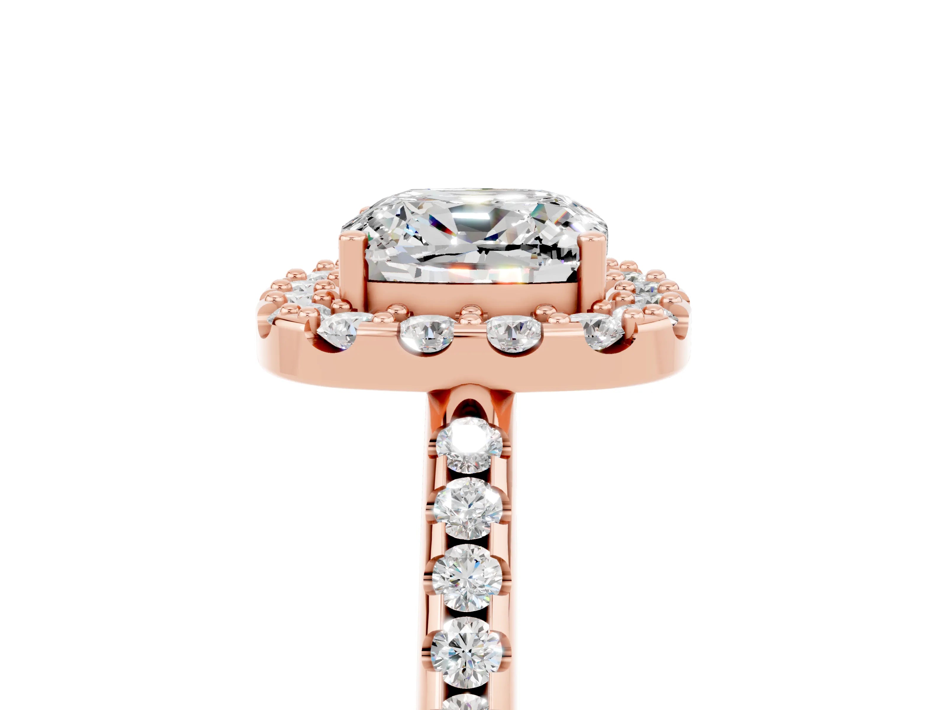 Rose gold Cushion Cut Moissanite Pavé Halo Ring with Four-Prong Setting_17