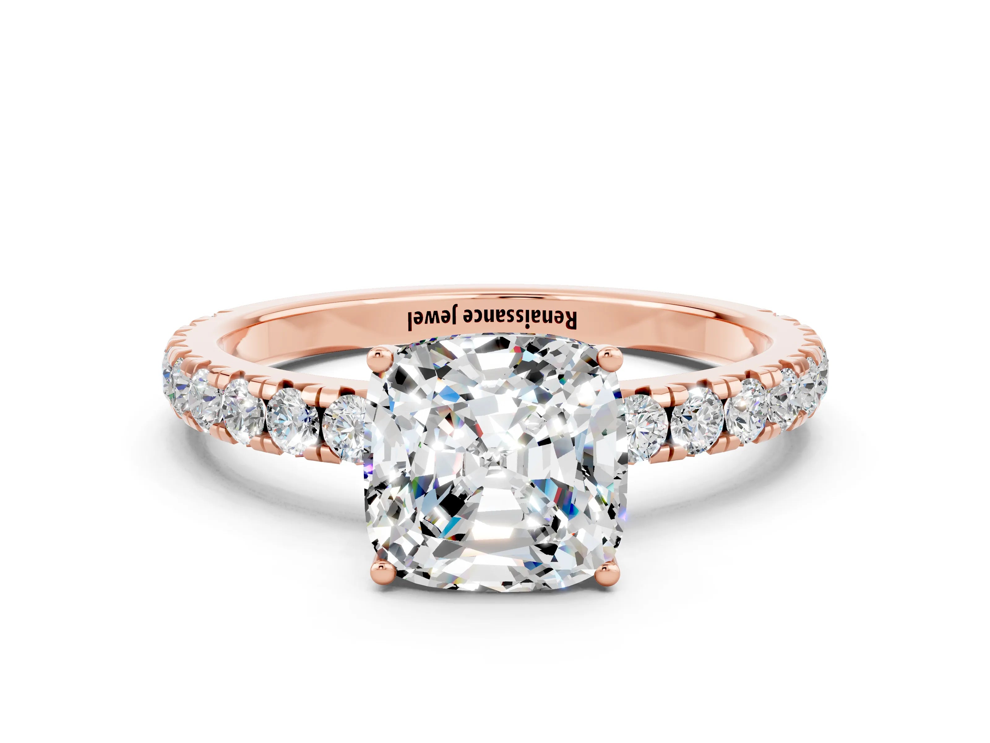 Rose gold Cushion Cut Moissanite Pavé Solitaire Engagement Ring with Four-Prong Setting_12