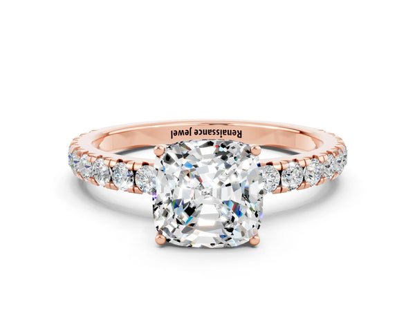 Rose gold Cushion Cut Moissanite Pavé Solitaire Engagement Ring with Four-Prong Setting