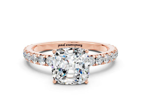 Rose gold Cushion Cut Moissanite Pavé Solitaire Engagement Ring with Four-Prong Setting_12