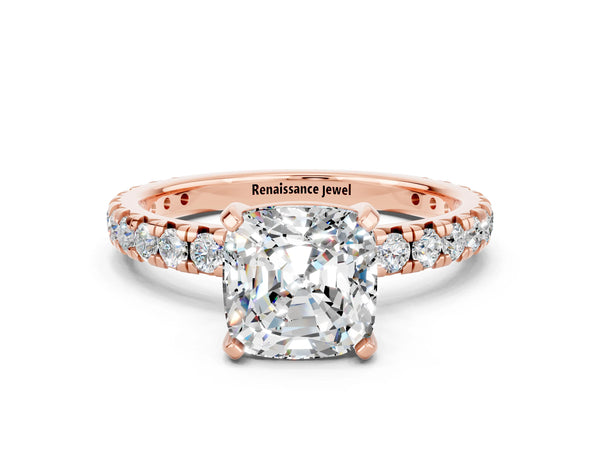 Rose gold Cushion Cut Moissanite Pavé Solitaire Ring with Round Band and Prong Setting