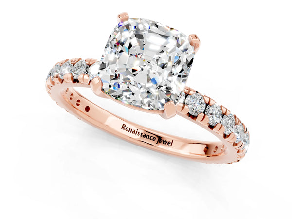Rose gold Cushion Cut Moissanite Pavé Solitaire Ring with Round Band and Prong Setting