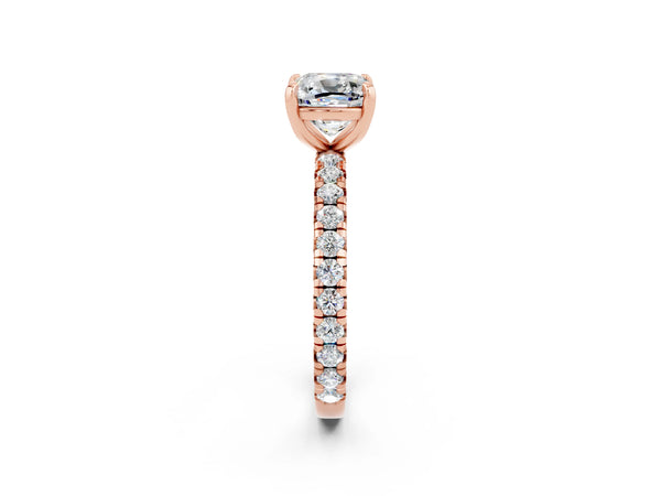 Rose gold Cushion Cut Moissanite Pavé Solitaire Ring with Round Band and Prong Setting