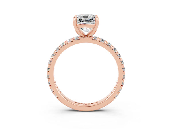 Rose gold Cushion Cut Moissanite Pavé Solitaire Ring with Round Band and Prong Setting