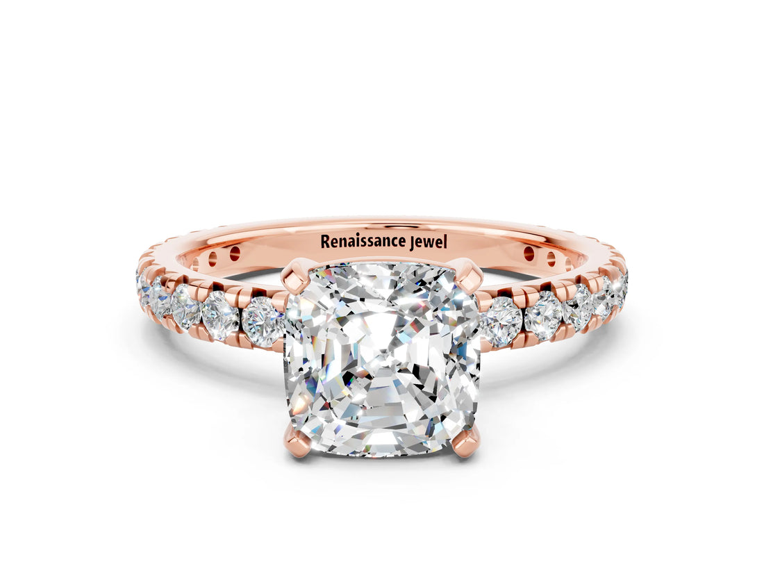 Rose gold Cushion Cut Moissanite Pavé Solitaire Ring with Round Band and Prong Setting_24