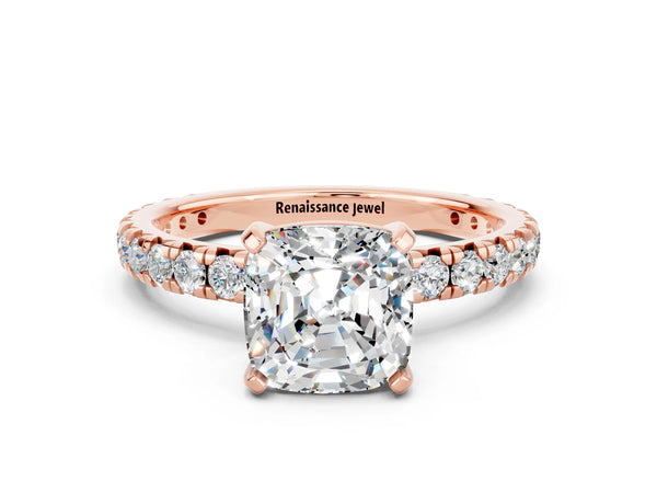 Rose gold Cushion Cut Moissanite Pavé Solitaire Ring with Round Band and Prong Setting