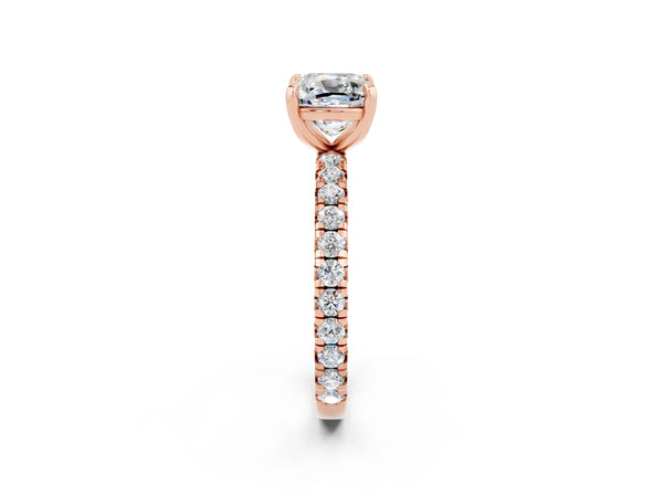 Rose gold Cushion Cut Moissanite Pavé Solitaire Ring with Round Band and Prong Setting