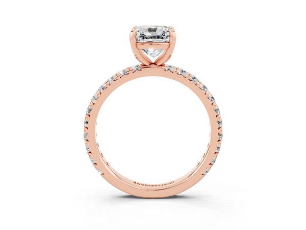Rose gold Cushion Cut Moissanite Pavé Solitaire Ring with Round Band and Prong Setting