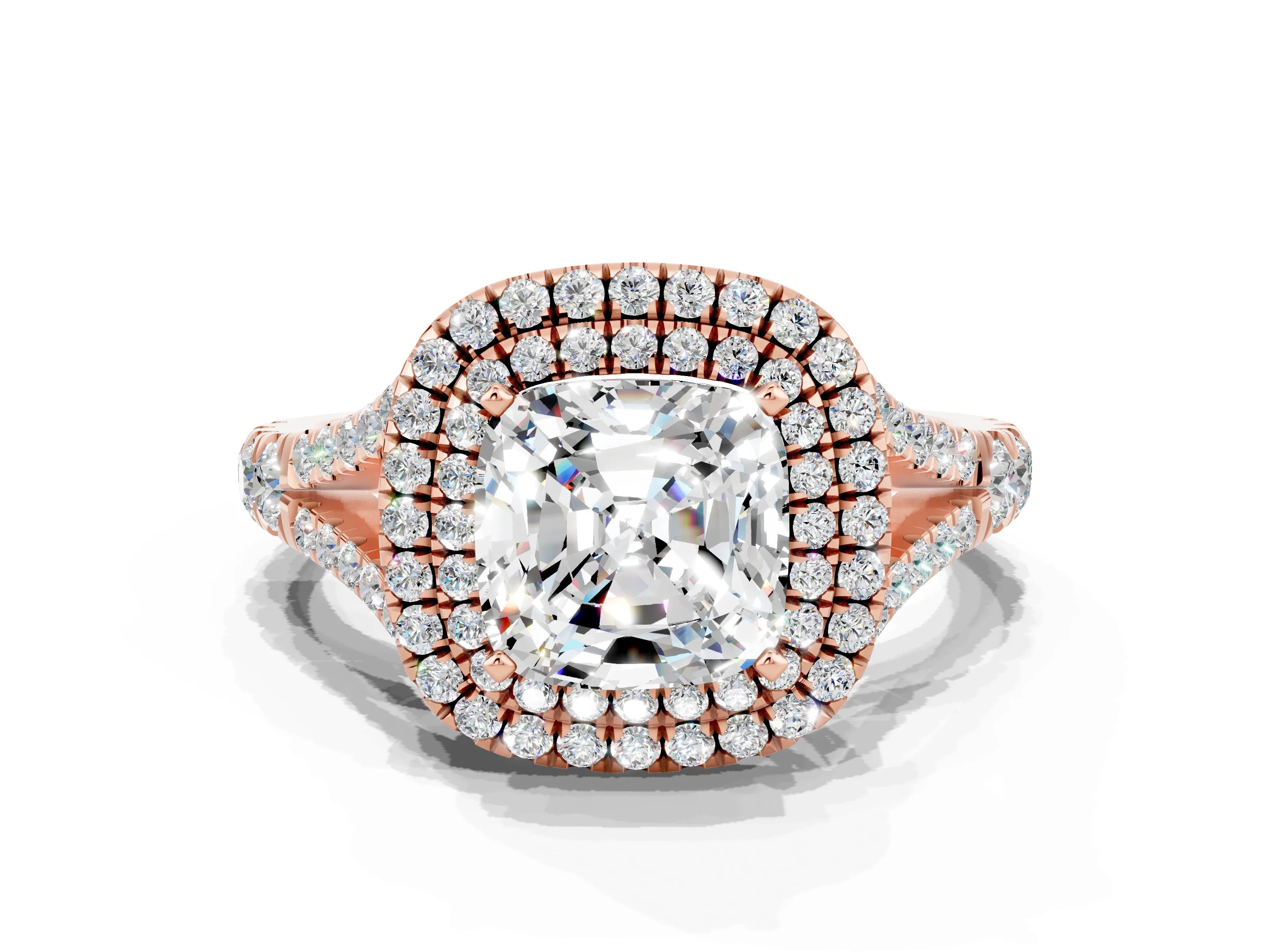 Rose gold Cushion Cut Moissanite Pavé Split Shank Double Halo Engagement Ring