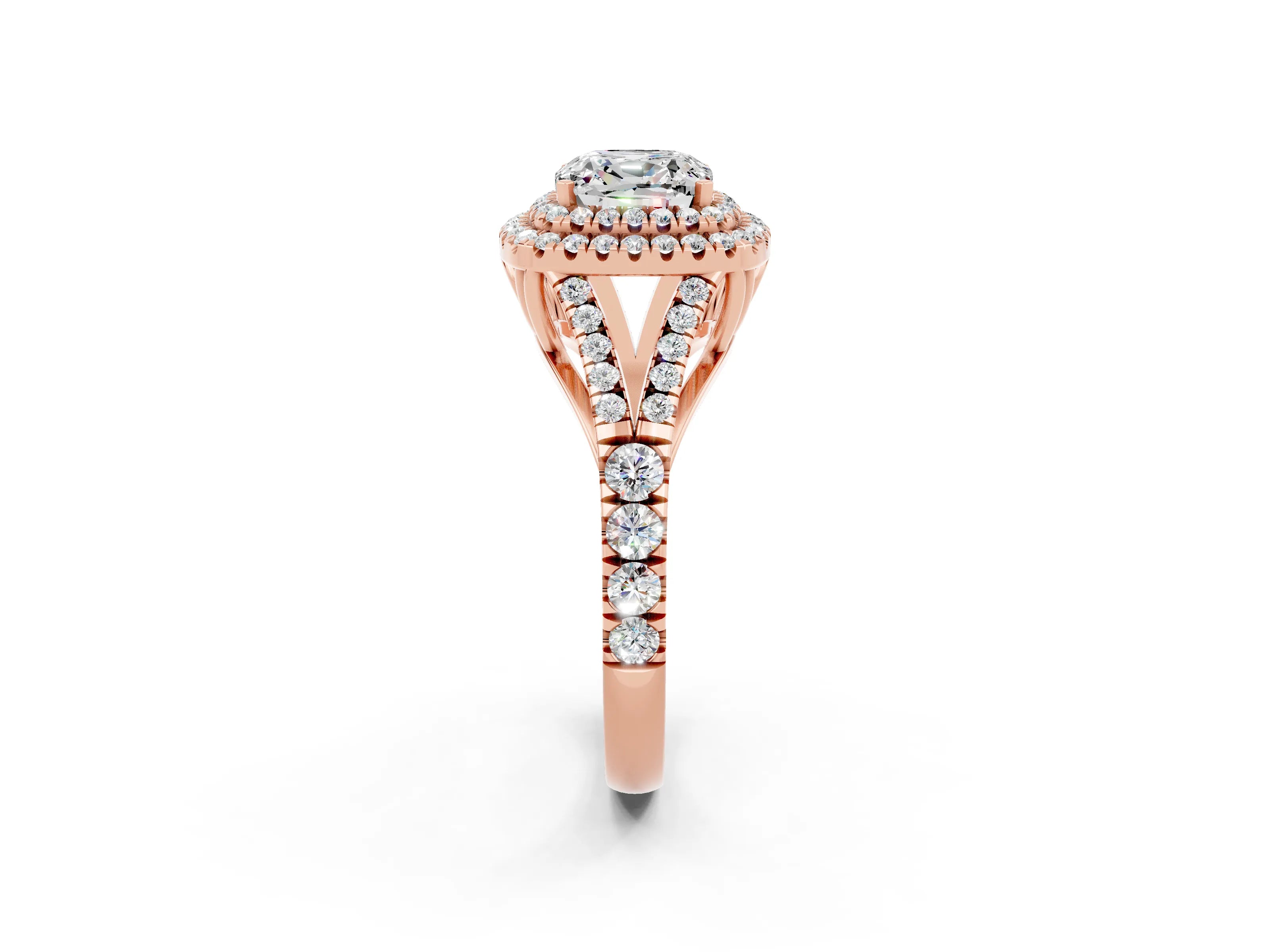Rose gold Cushion Cut Moissanite Pavé Split Shank Double Halo Engagement Ring_2