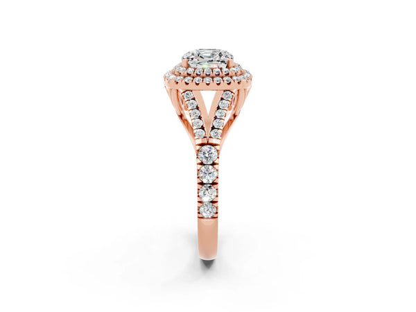 Rose gold Cushion Cut Moissanite Pavé Split Shank Double Halo Engagement Ring
