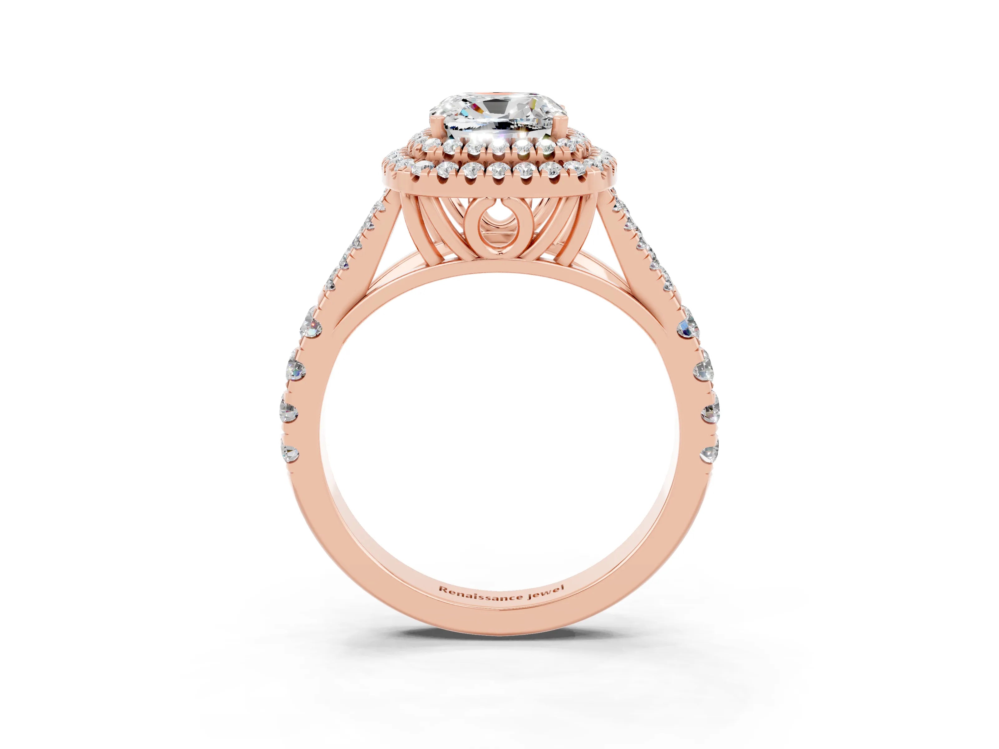 Rose gold Cushion Cut Moissanite Pavé Split Shank Double Halo Engagement Ring_3