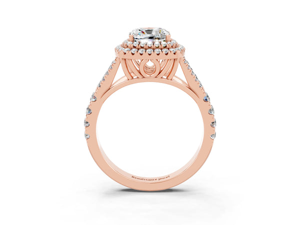 Rose gold Cushion Cut Moissanite Pavé Split Shank Double Halo Engagement Ring