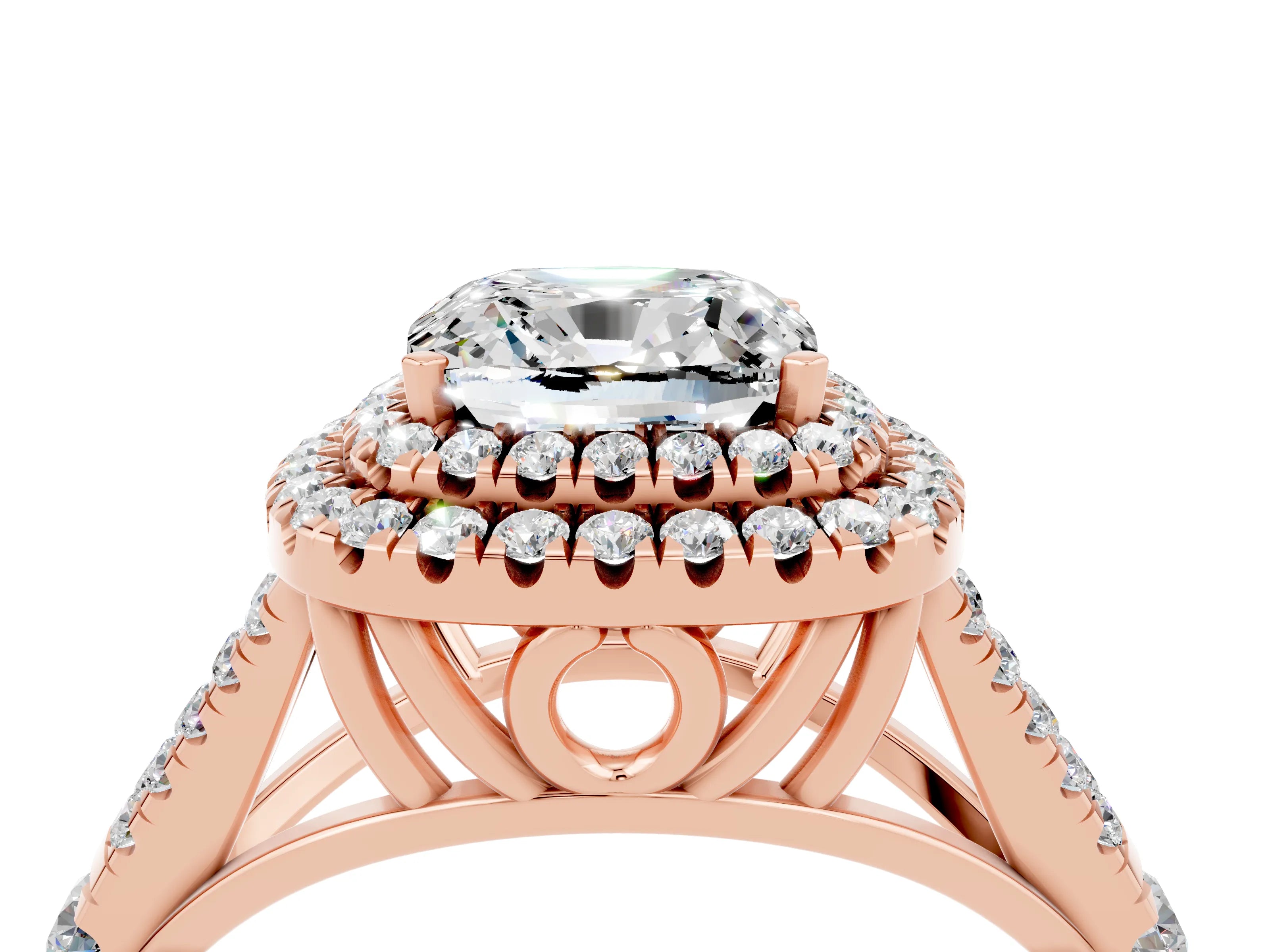 Rose gold Cushion Cut Moissanite Pavé Split Shank Double Halo Engagement Ring_4