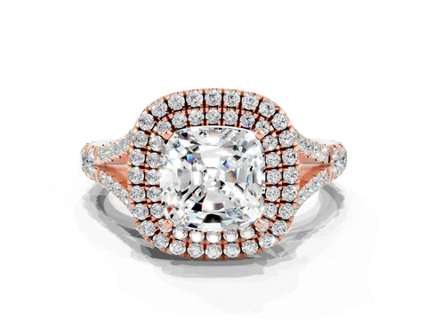 Rose gold Cushion Cut Moissanite Pavé Split Shank Double Halo Engagement Ring
