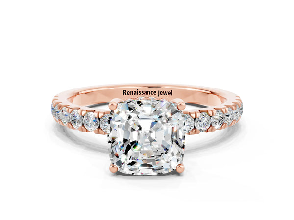 Rose gold Cushion Cut Moissanite Pave Band Solitaire Ring with Round  and Prong Setting