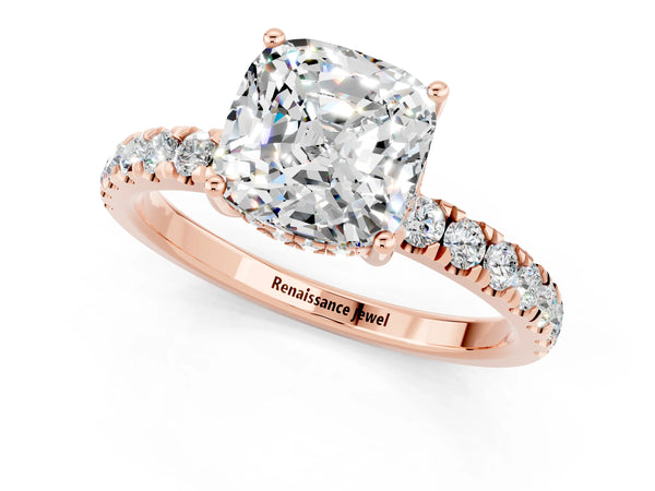 Rose gold Cushion Cut Moissanite Pave Band Solitaire Ring with Round  and Prong Setting
