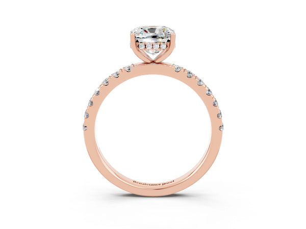 Rose gold Cushion Cut Moissanite Pave Band Solitaire Ring with Round  and Prong Setting