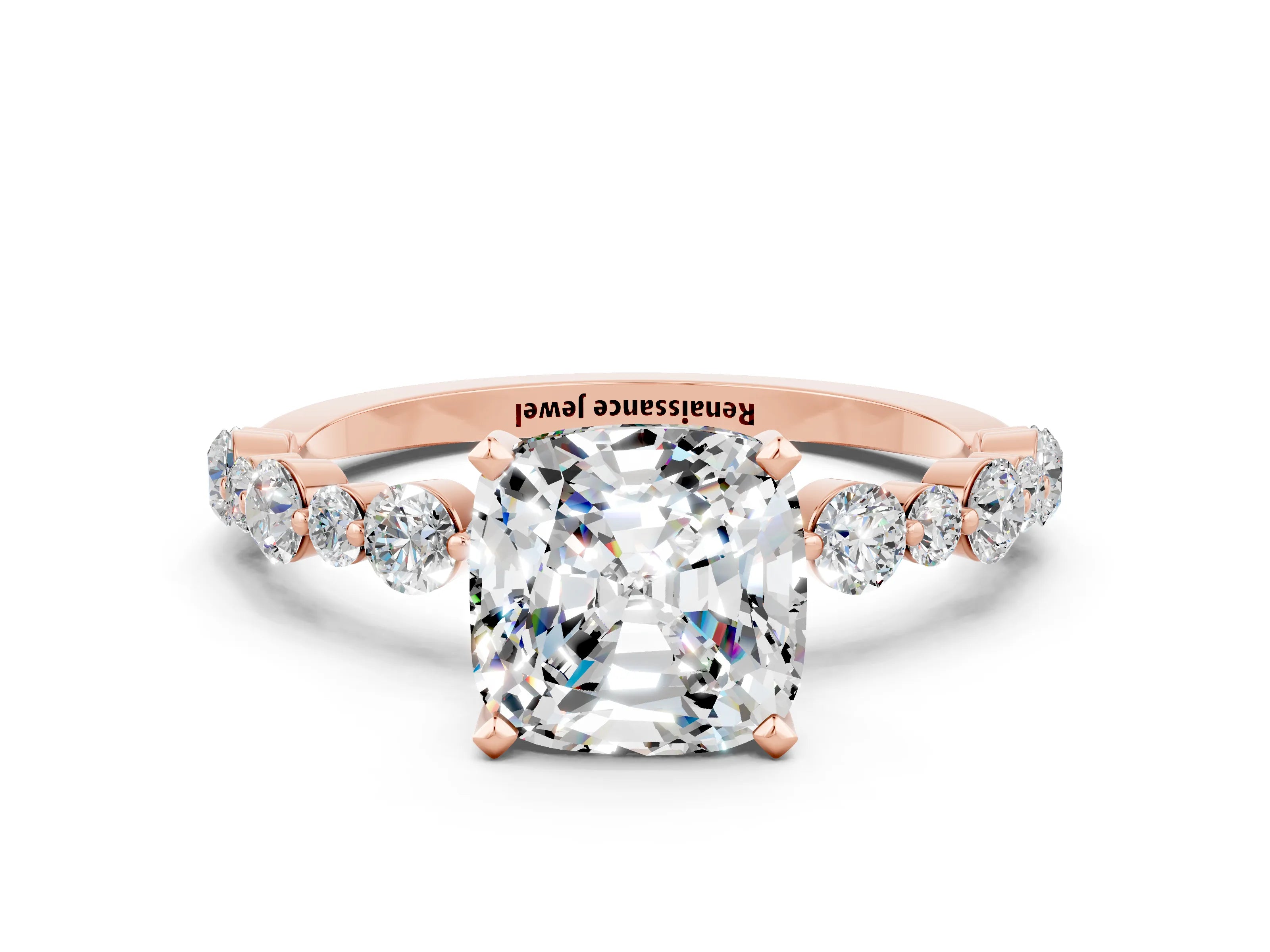 Rose gold Cushion Cut Moissanite Prong Set Engagement Ring with Pavé Band