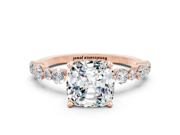 Rose gold Cushion Cut Moissanite Prong Set Engagement Ring with Pavé Band