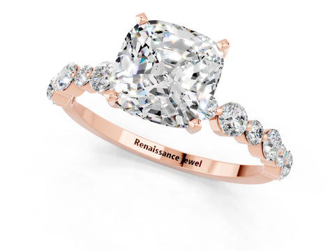 Rose gold Cushion Cut Moissanite Prong Set Engagement Ring with Pavé Band_1